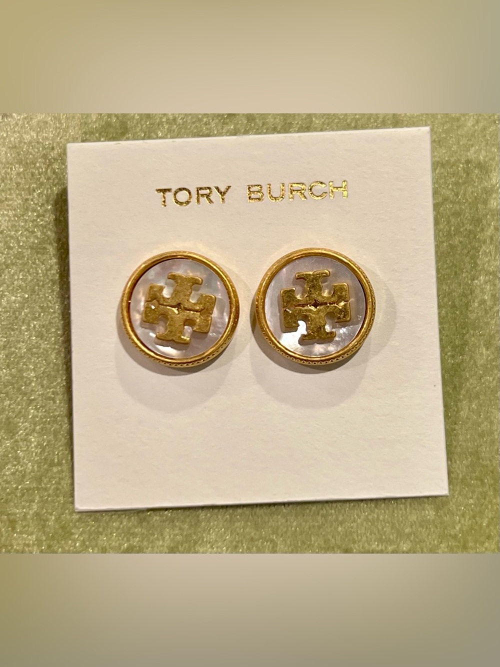 Tory Burch Gold & mother of pearl Logo Button Earrings